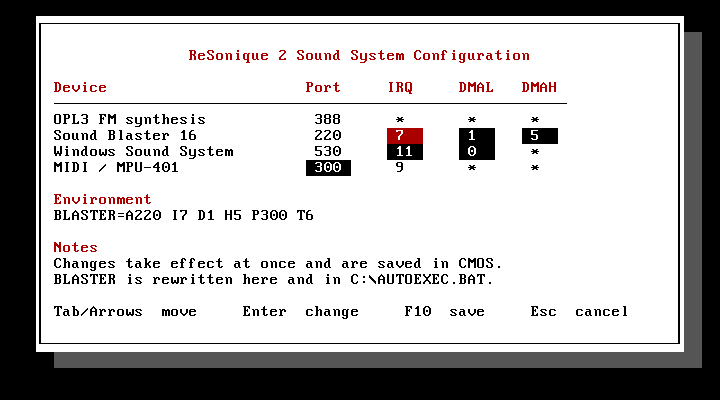 The SNDCTRL configuration screen